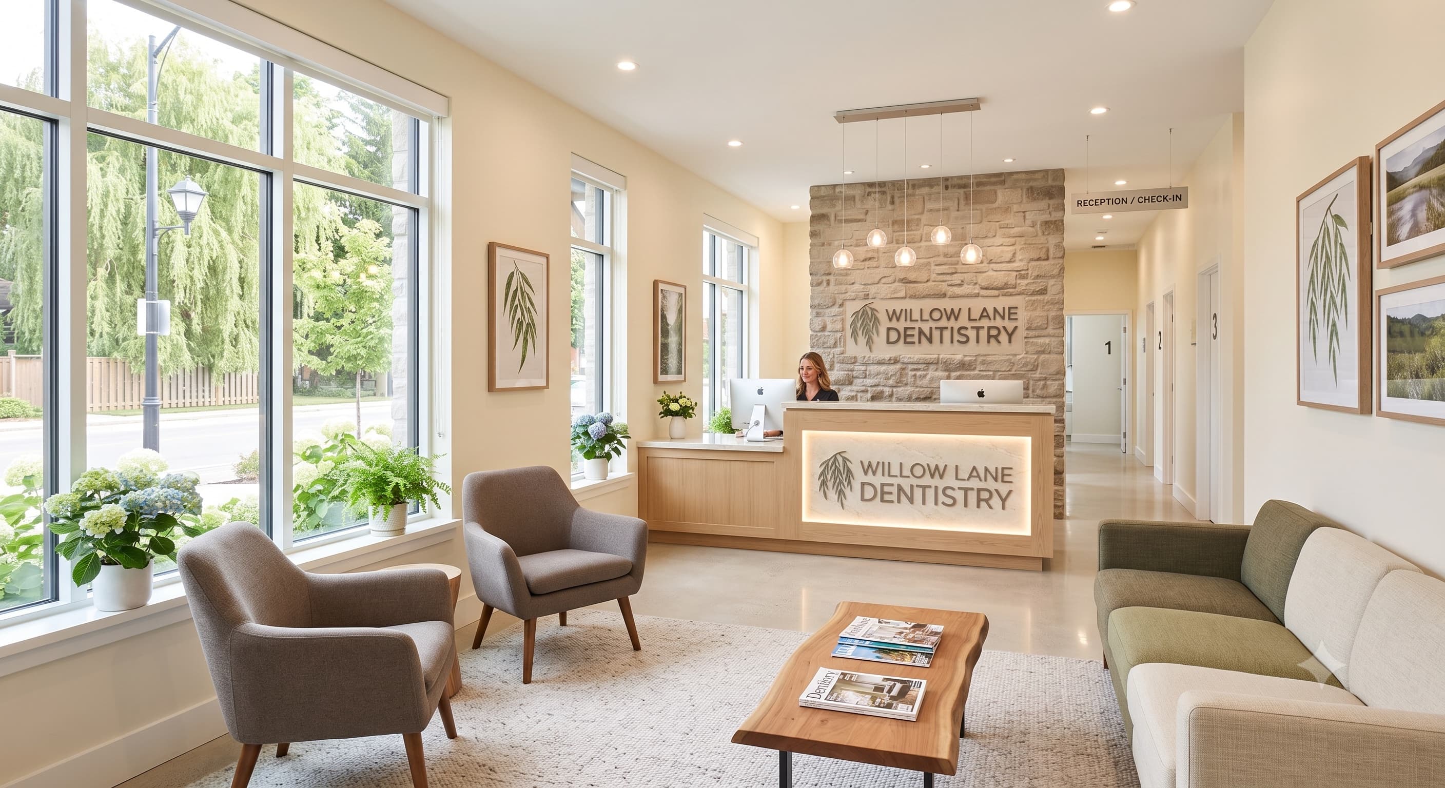 The bright, welcoming Willow Lane reception and waiting room